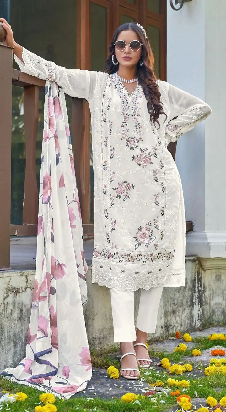 Designer Faux Georgette Salwar Suit with Chiffon Dupatta & Embroidery