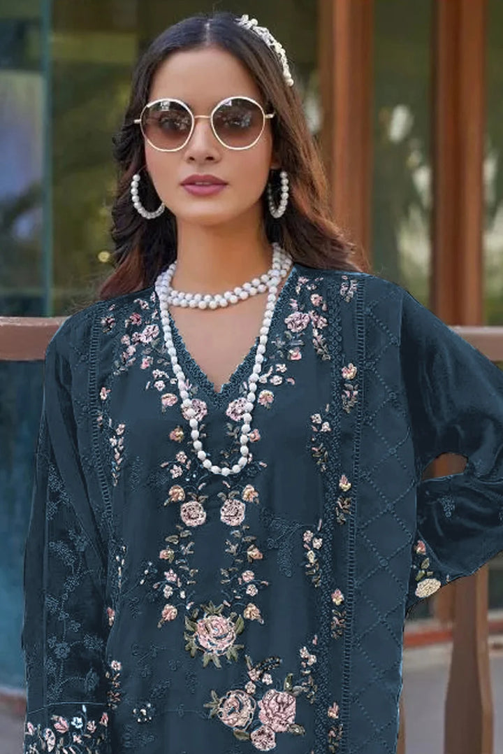 Designer Faux Georgette Salwar Suit with Chiffon Dupatta & Embroidery