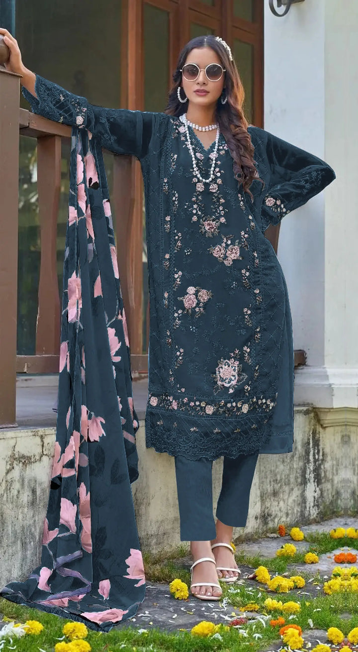 Designer Faux Georgette Salwar Suit with Chiffon Dupatta & Embroidery