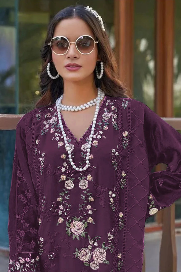 Designer Faux Georgette Salwar Suit with Chiffon Dupatta & Embroidery