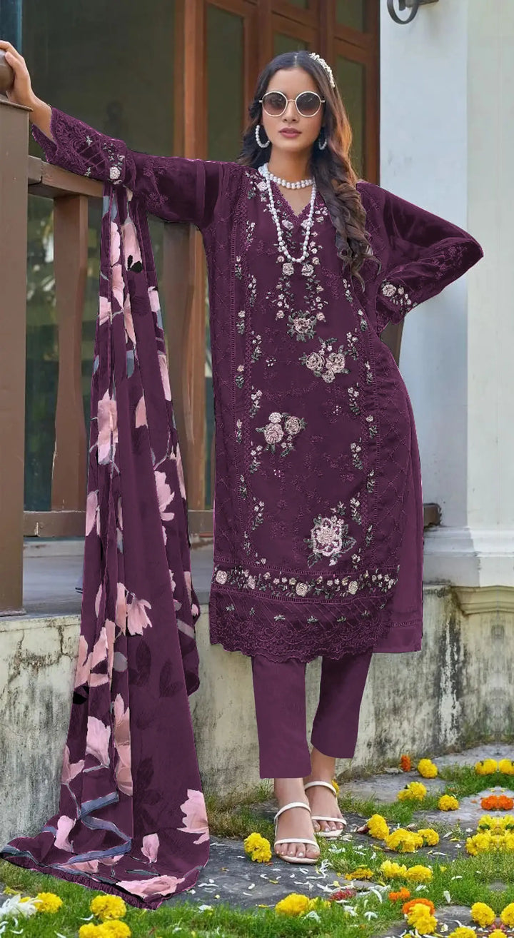 Designer Faux Georgette Salwar Suit with Chiffon Dupatta & Embroidery