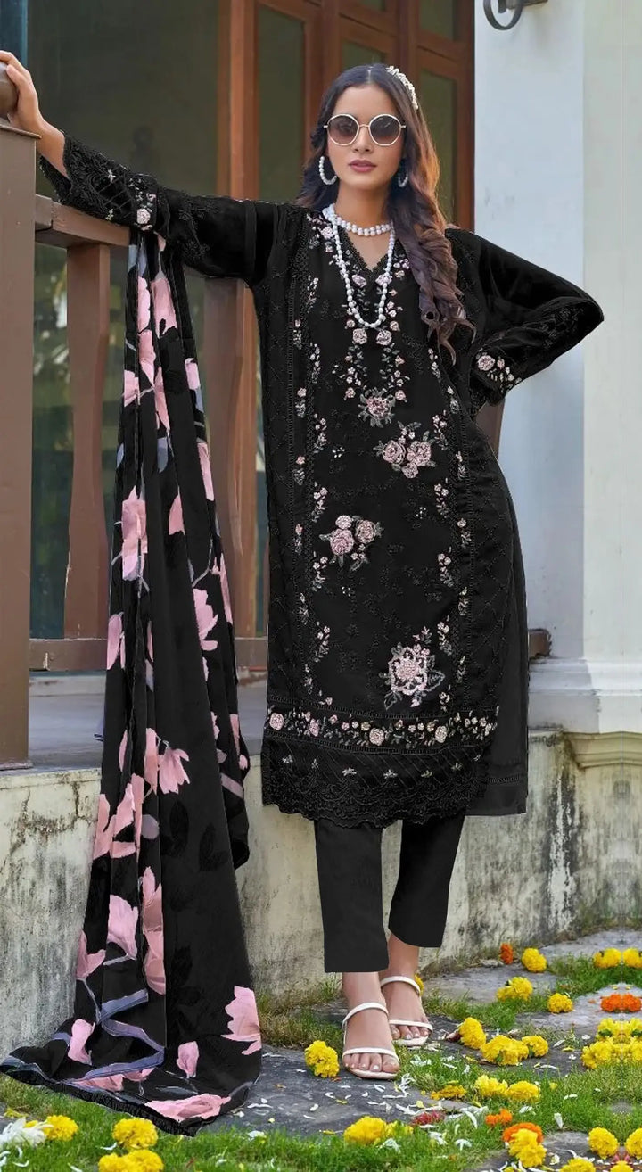 Designer Faux Georgette Salwar Suit with Chiffon Dupatta & Embroidery
