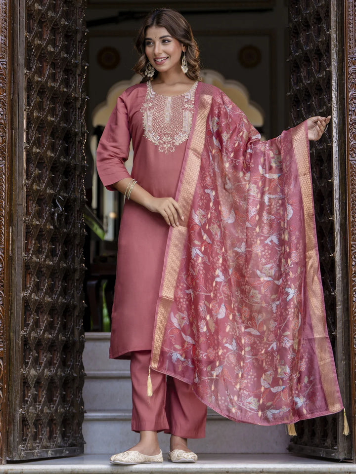 Silk Blend Festive Wear Salwar Kameez with Embroidery & Dupatta
