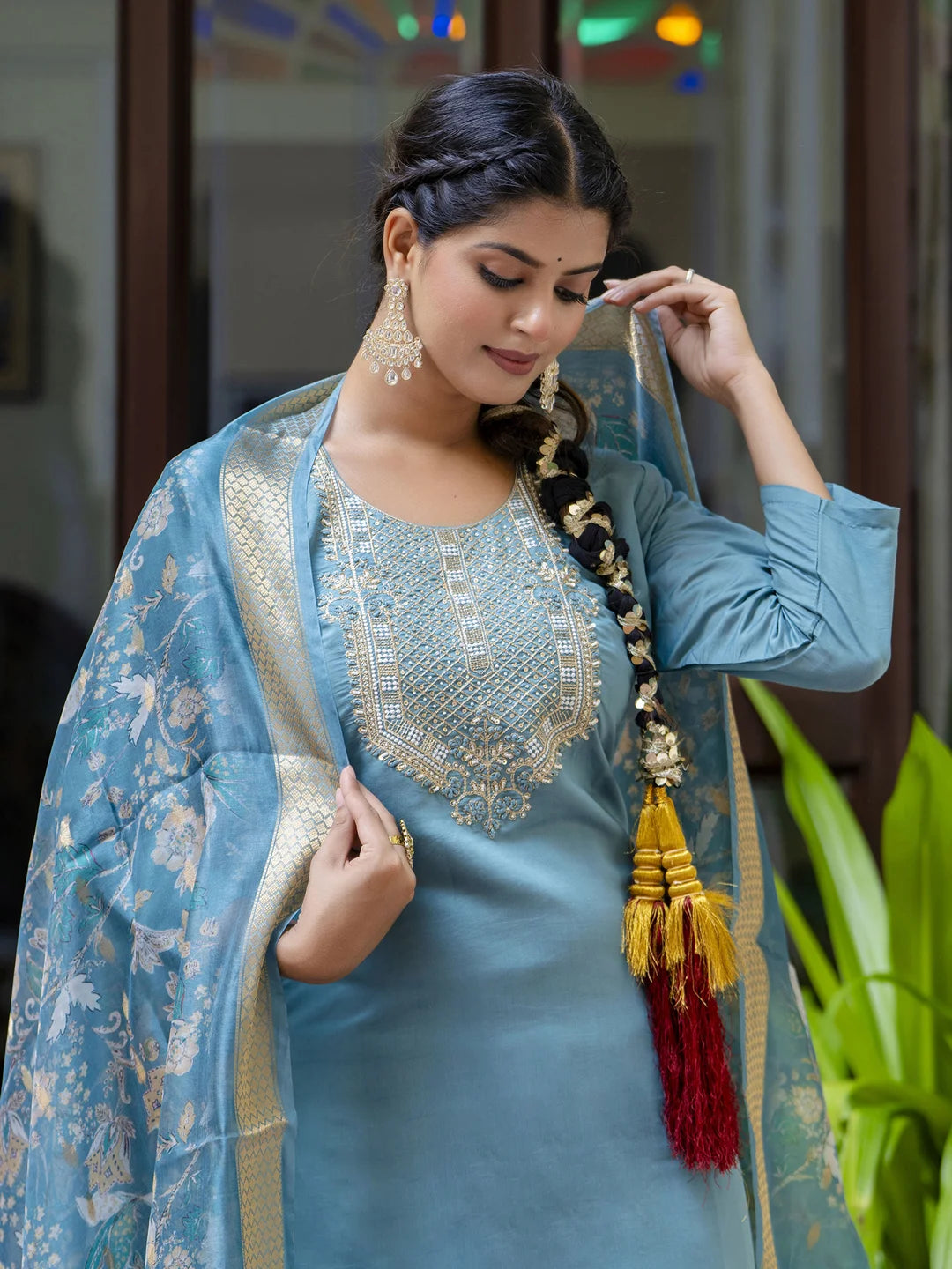 Silk Blend Festive Wear Salwar Kameez with Embroidery & Dupatta
