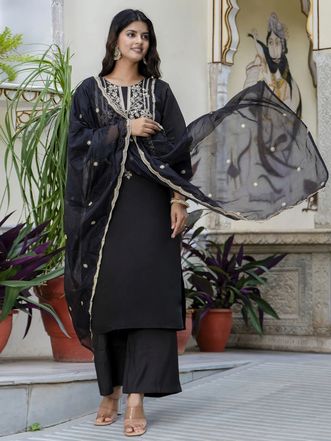 Designer Black Salwar Kameez Set with Embroidered Work
