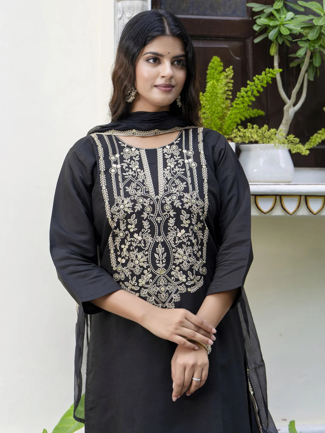 Designer Black Salwar Kameez Set with Embroidered Work