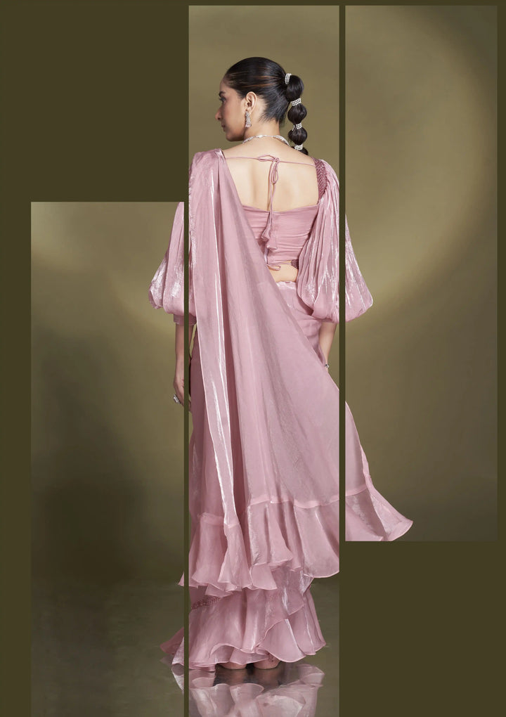 Pink Ready to Wear Saree in Two-Tone Satin Silk with Designer Blouse
