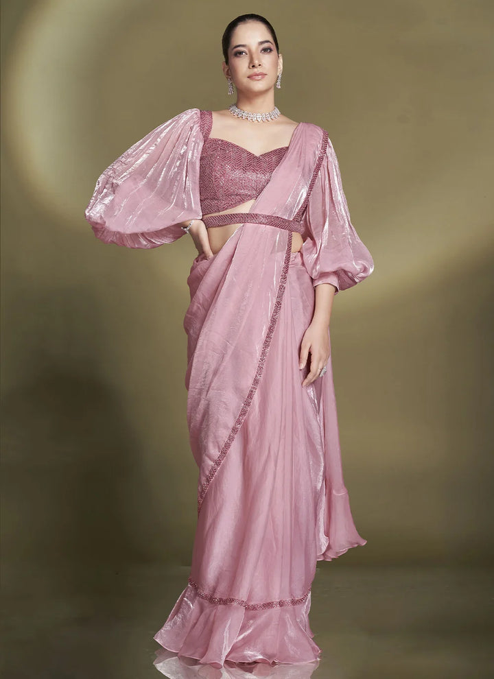 Pink Ready to Wear Saree in Two-Tone Satin Silk with Designer Blouse