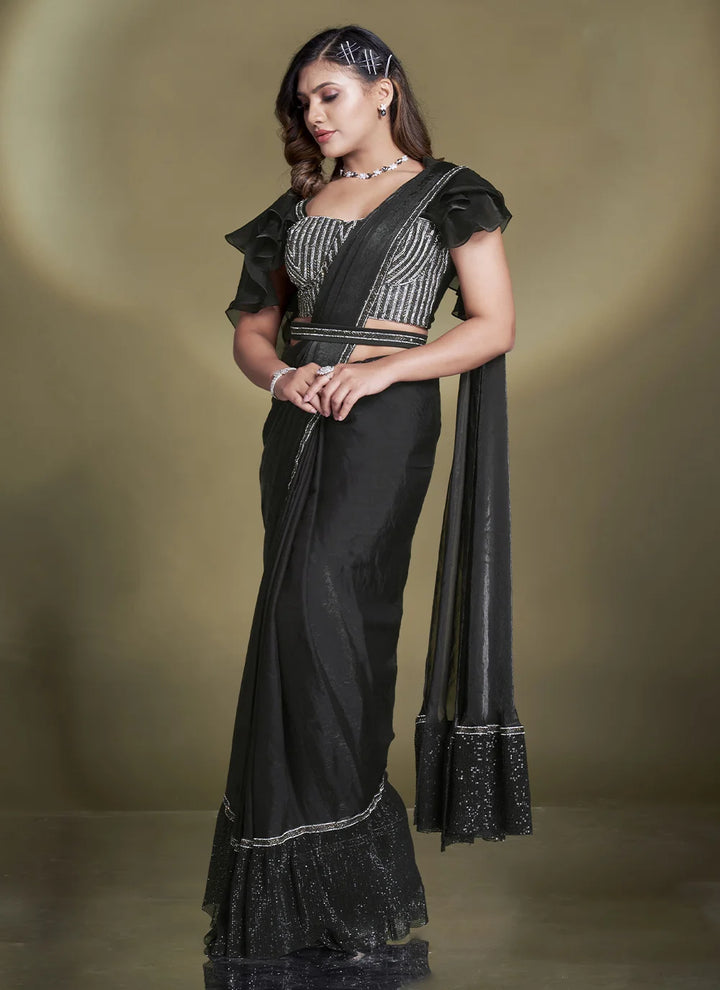 Black Designer Satin Silk Saree with Belt & Stylish Blouse