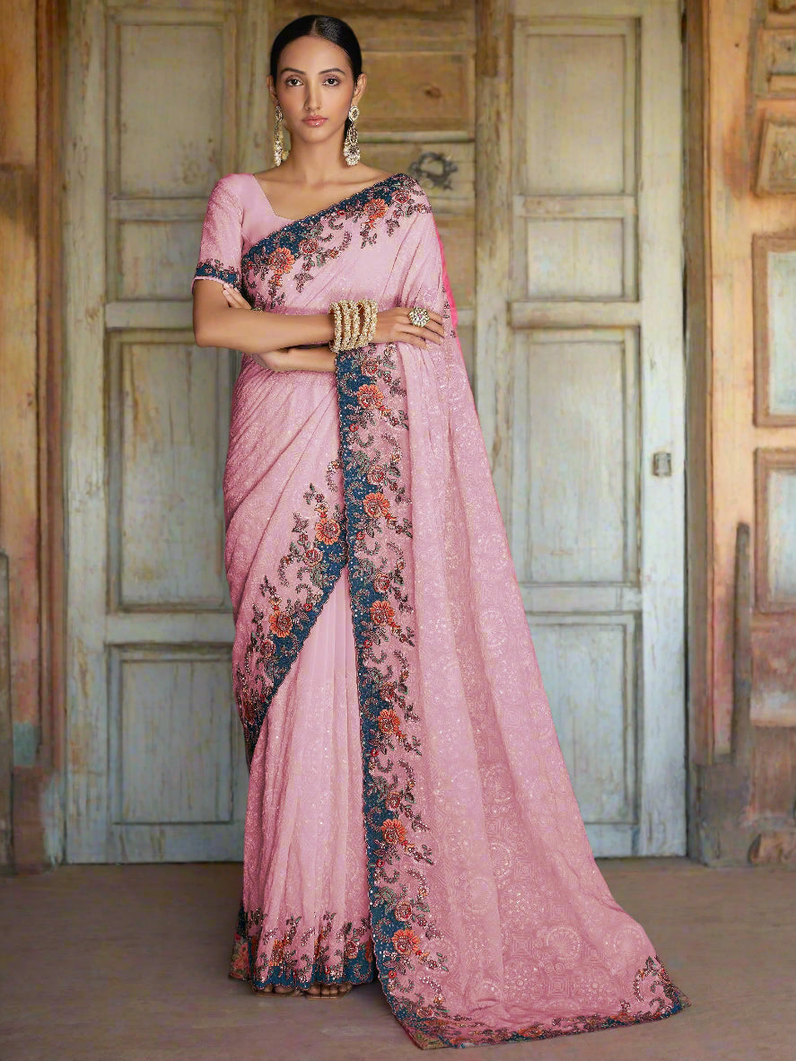 Pink georgette saree crafted for elegance and style.