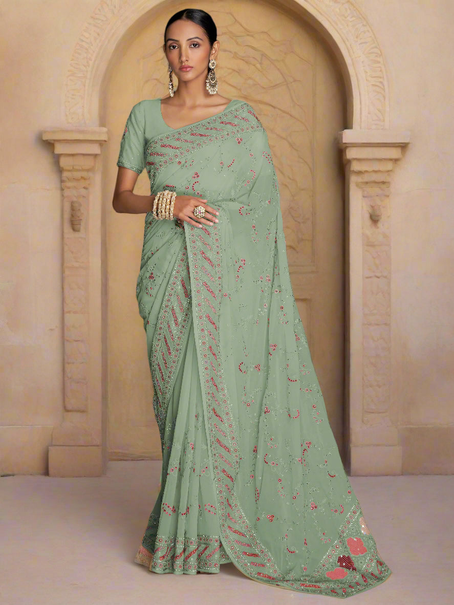 Green georgette saree crafted for elegance and style.