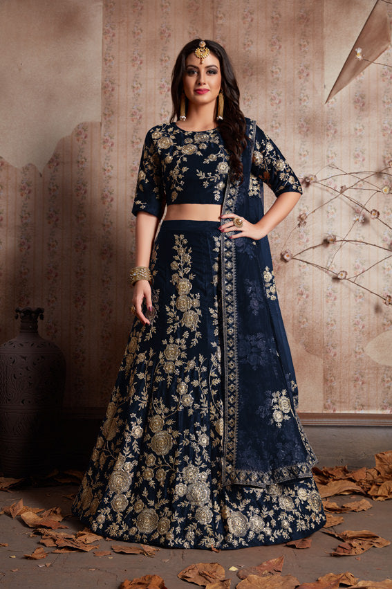 Luxurious Velvet Lehenga Choli | Zari Embellished with Graceful Net Dupatta