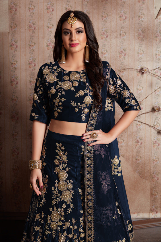 Luxurious Velvet Lehenga Choli | Zari Embellished with Graceful Net Dupatta