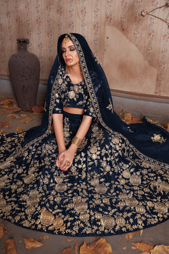 Luxurious Velvet Lehenga Choli | Zari Embellished with Graceful Net Dupatta