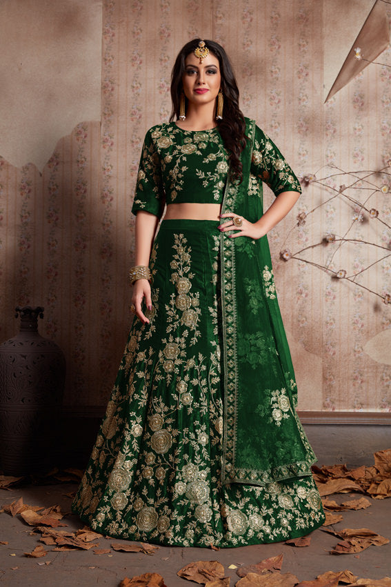 Luxurious Velvet Lehenga Choli | Zari Embellished with Graceful Net Dupatta