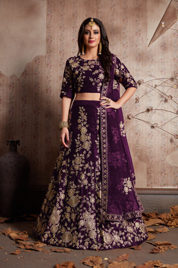 Luxurious Velvet Lehenga Choli | Zari Embellished with Graceful Net Dupatta