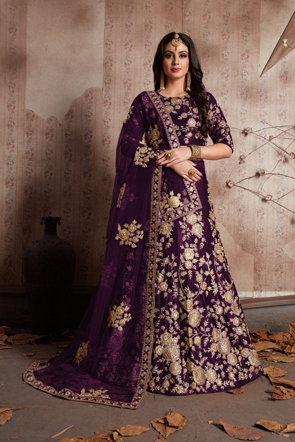 Luxurious Velvet Lehenga Choli | Zari Embellished with Graceful Net Dupatta
