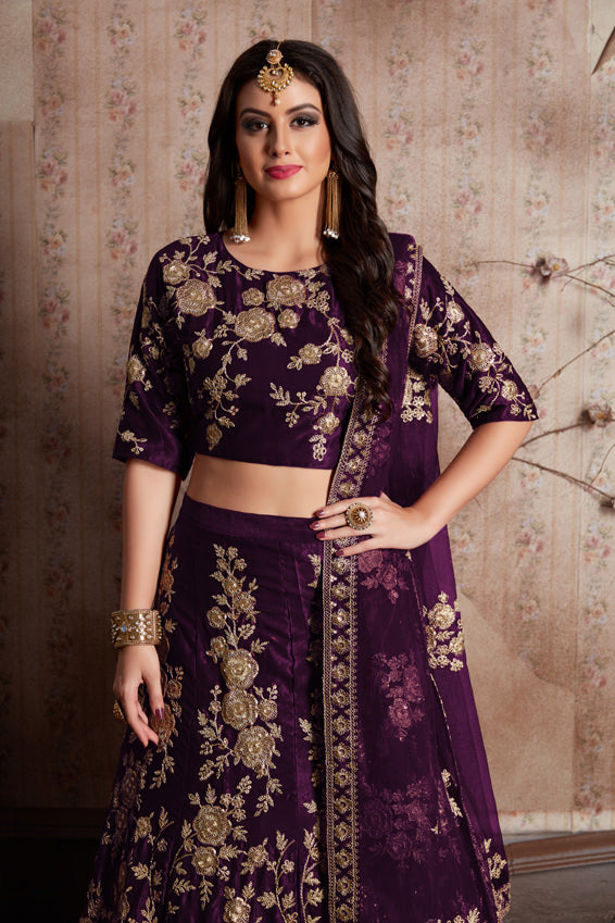 Luxurious Velvet Lehenga Choli | Zari Embellished with Graceful Net Dupatta