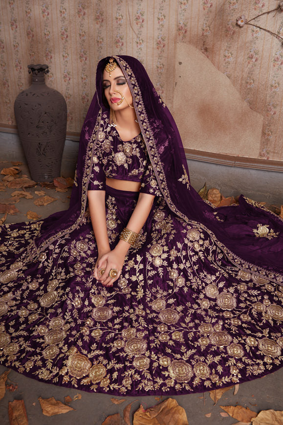 Luxurious Velvet Lehenga Choli | Zari Embellished with Graceful Net Dupatta