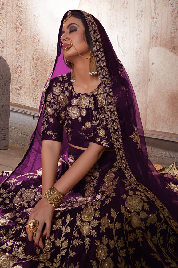 Luxurious Velvet Lehenga Choli | Zari Embellished with Graceful Net Dupatta