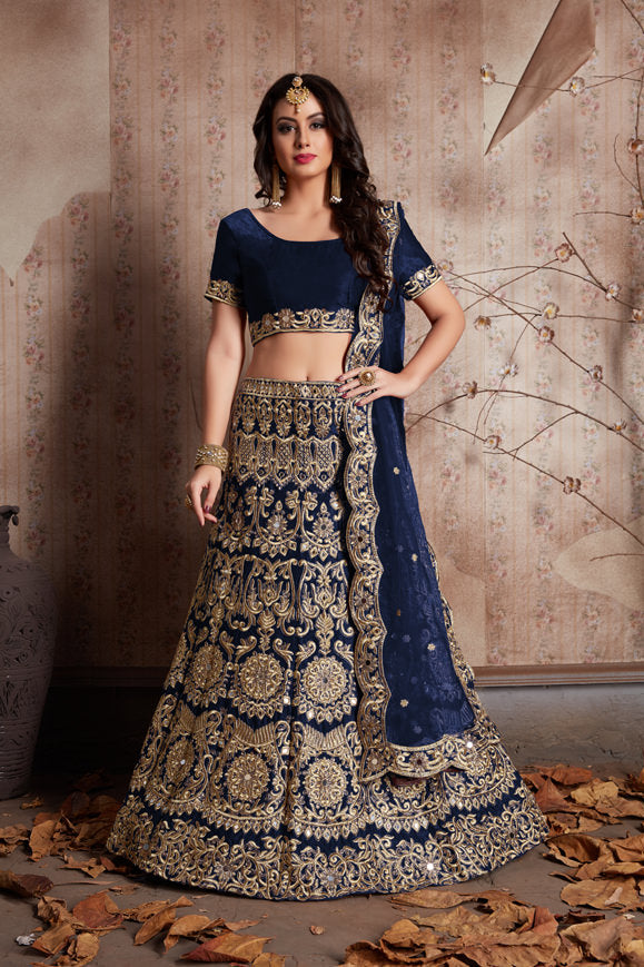 Velvet Silk Lehenga Choli | Zari Embroidery with Mirror Work