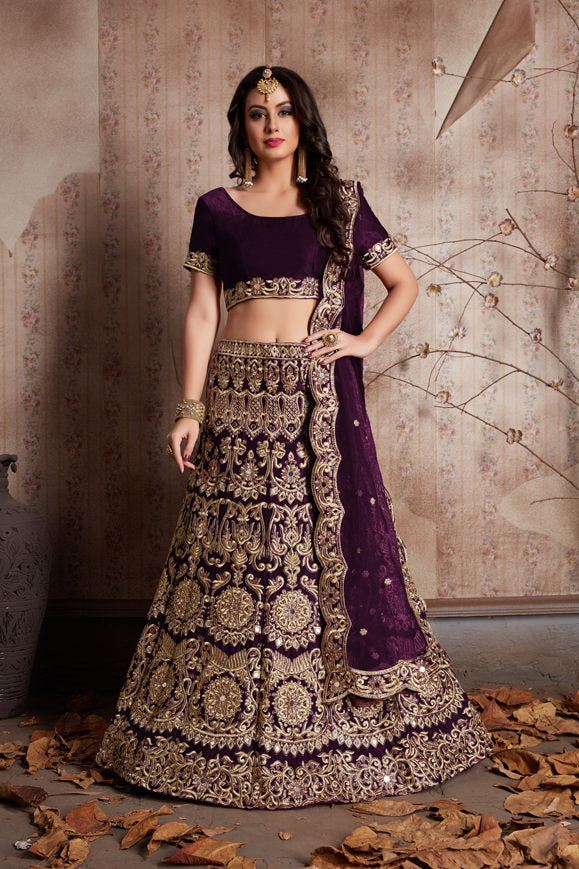 Velvet Silk Lehenga Choli | Zari Embroidery with Mirror Work