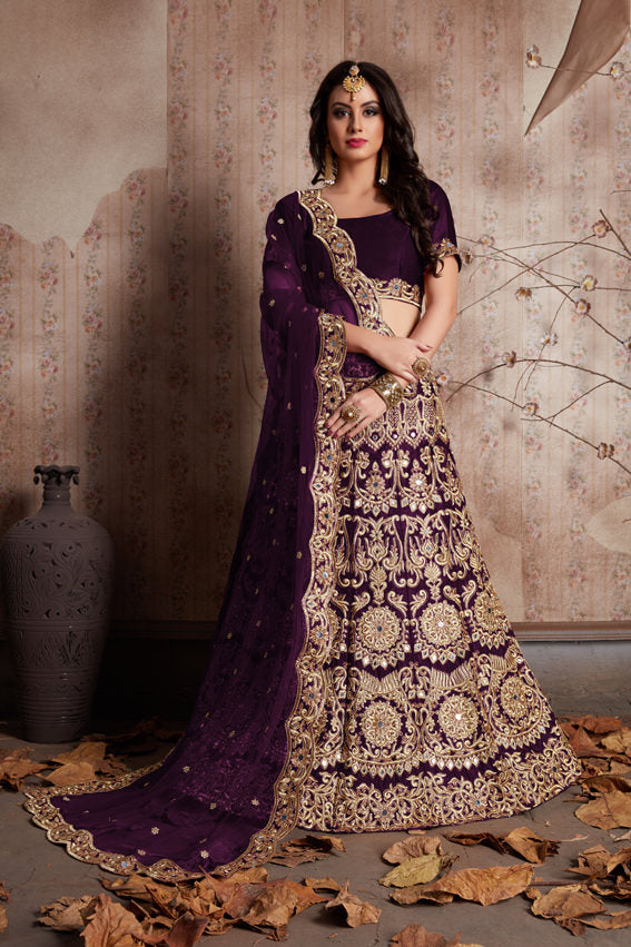 Velvet Silk Lehenga Choli | Zari Embroidery with Mirror Work