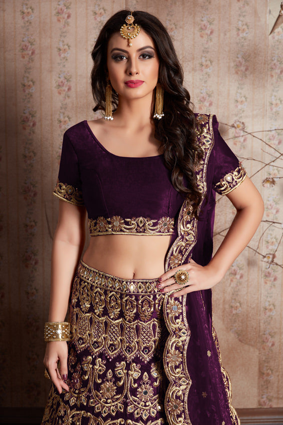 Velvet Silk Lehenga Choli | Zari Embroidery with Mirror Work
