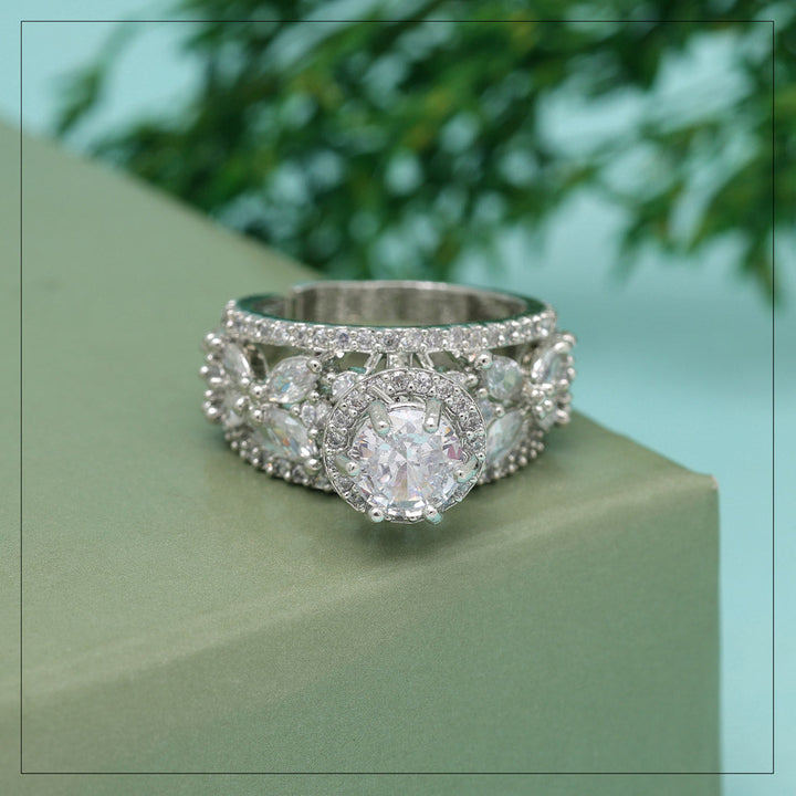 American Diamond Adjustable Finger Ring | Silver Plated Brass