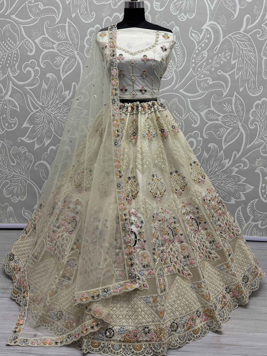 Excellent Off-White Lace Work Net Bridesmaid Lehenga Choli