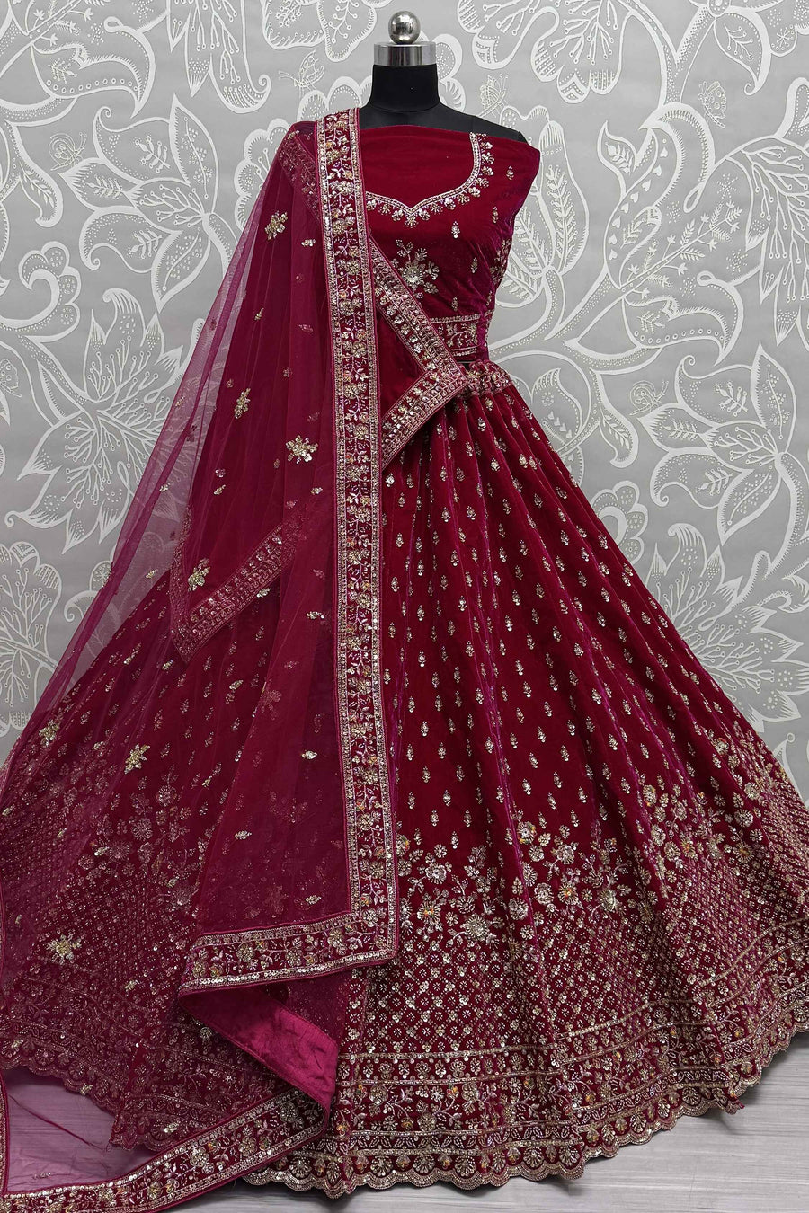 Alluring Red Velvet Bridal Lehenga Choli With Double Dupatta