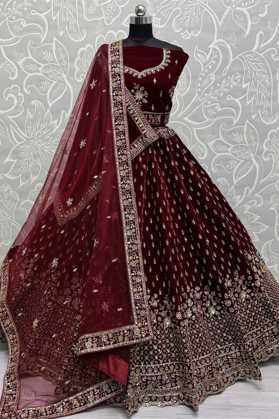 Glamorous Maroon Velvet Bridal Lehenga Choli With Double Dupatta