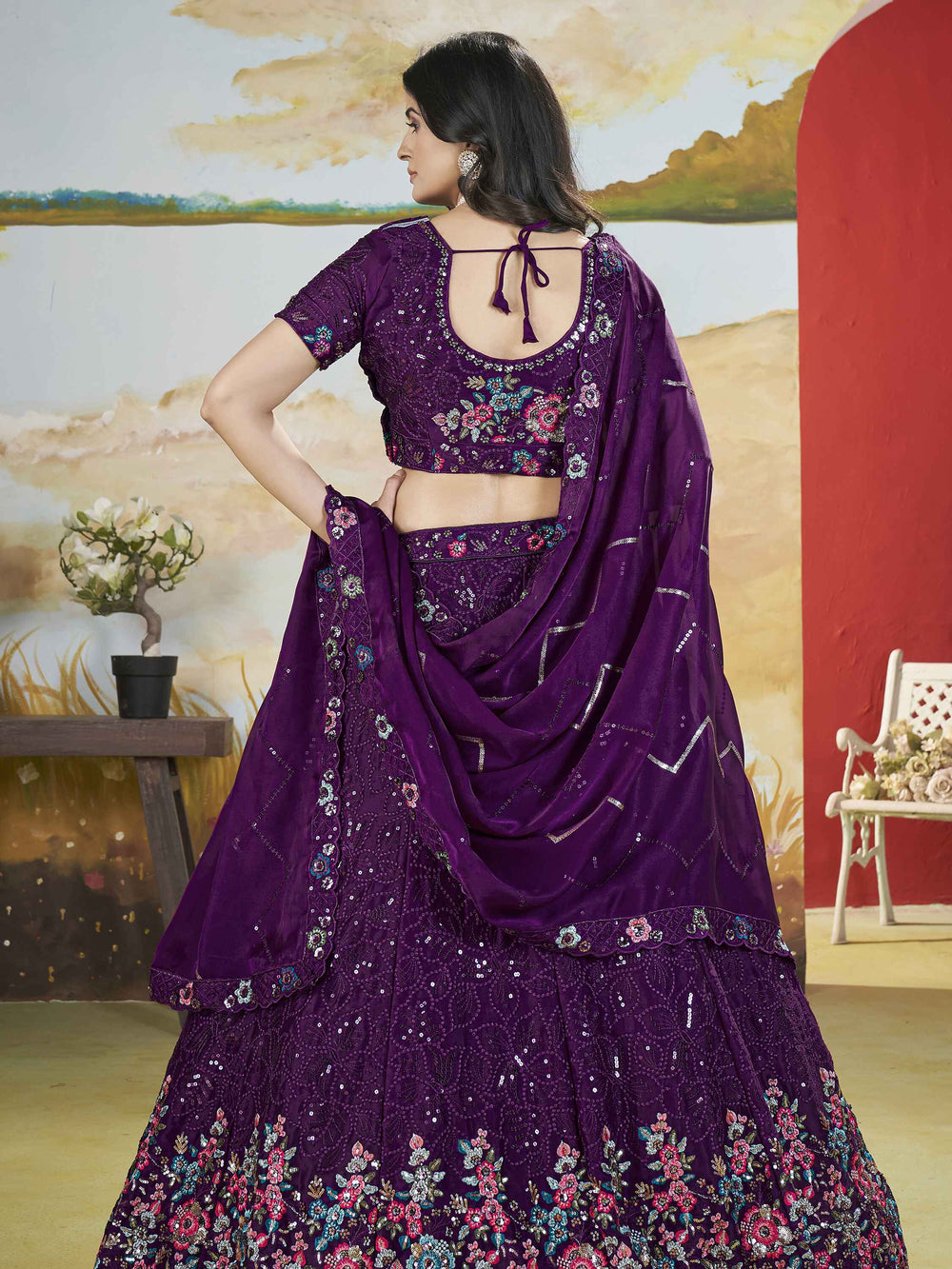 Attractive Purple Sequins Chinon Reception Wear Lehenga Choli