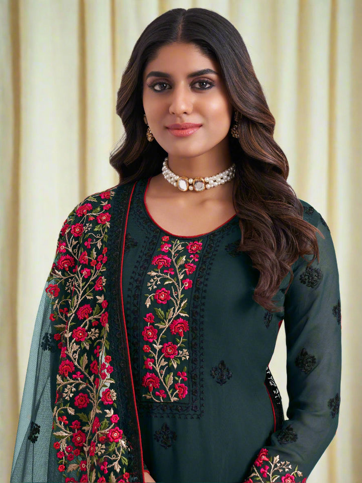 Superb Green Thread Embroidered Georgette Salwar Suit