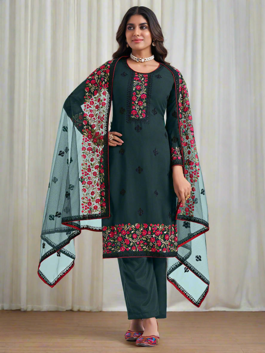 Superb Green Thread Embroidered Georgette Salwar Suit
