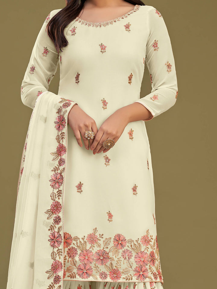 Beautiful Lemon Yellow Embroidered Georgette Party Wear Sharara Suit
