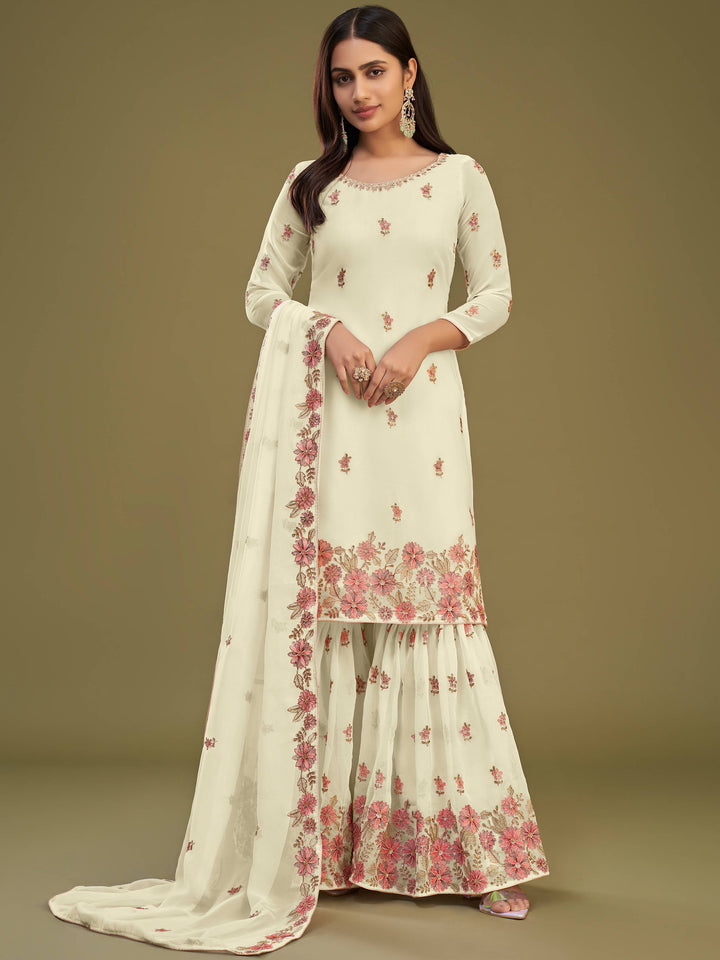 Beautiful Lemon Yellow Embroidered Georgette Party Wear Sharara Suit