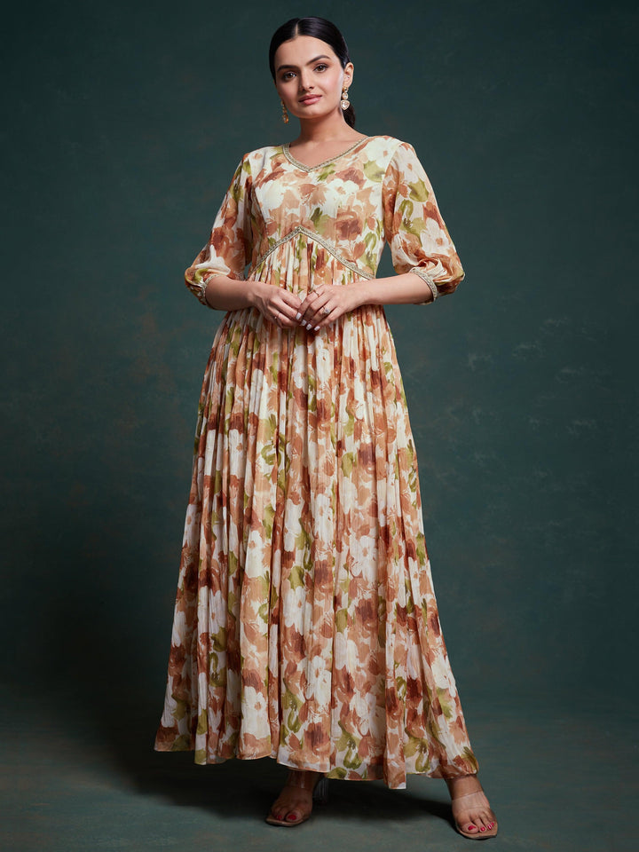 Astonishing Multi-Color Floral Printed Georgette Festival Wear Gown