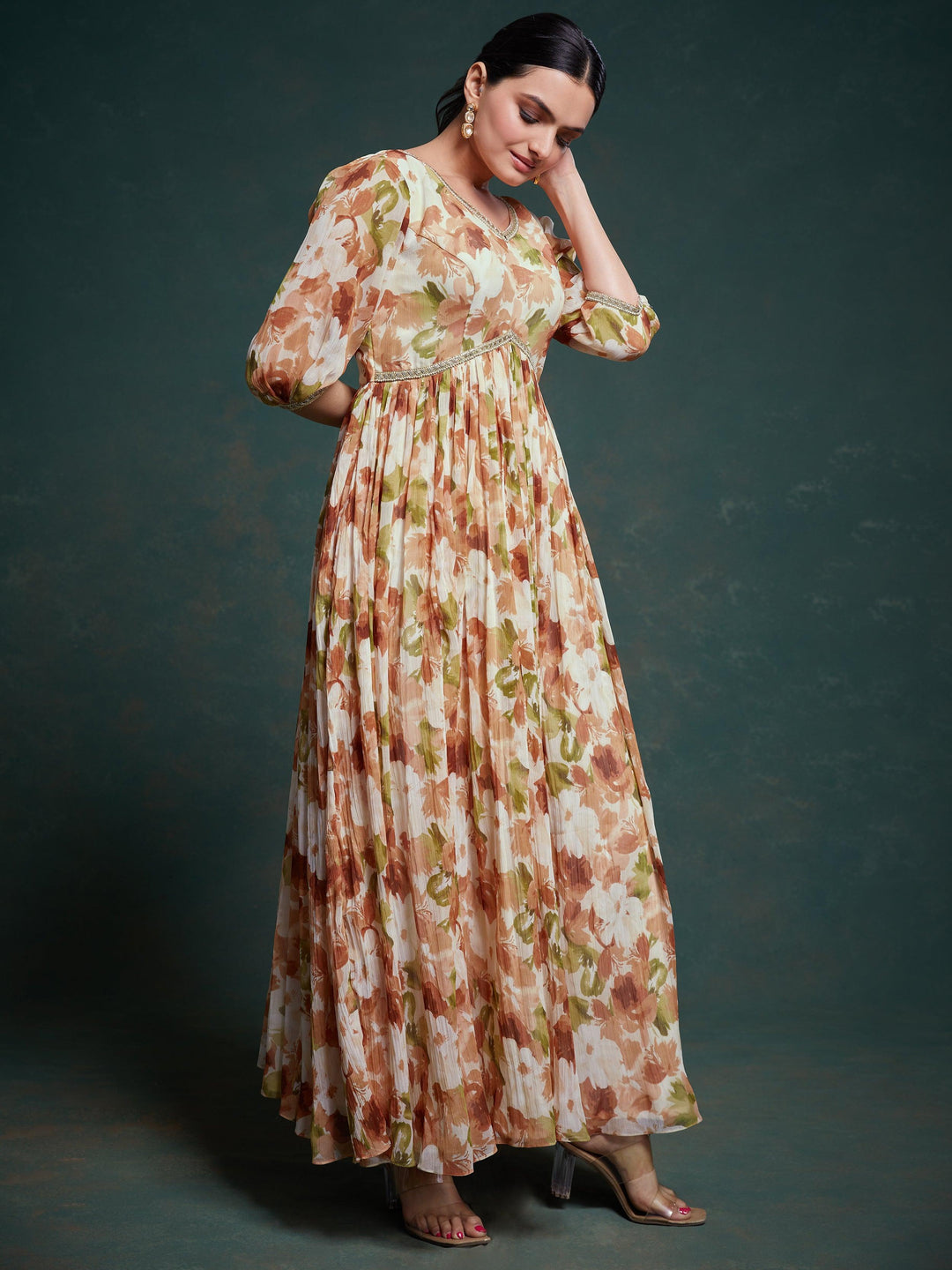 Astonishing Multi-Color Floral Printed Georgette Festival Wear Gown