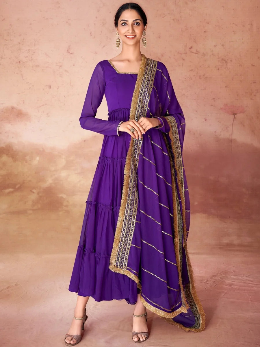 Elegant Violet Designer Gown Set | Traditional Gown with Lace Dupatta