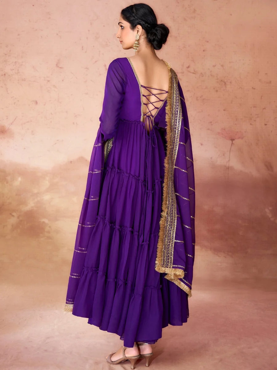 Elegant Violet Designer Gown Set | Traditional Gown with Lace Dupatta