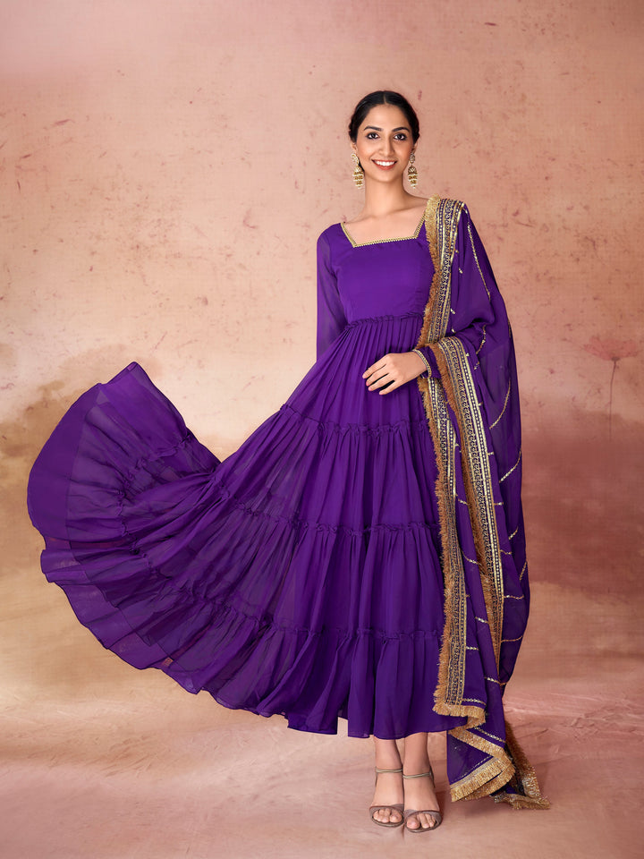 Beautiful Violet Georgette Event Wear Gown With Dupatta