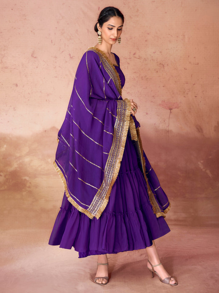 Beautiful Violet Georgette Event Wear Gown With Dupatta