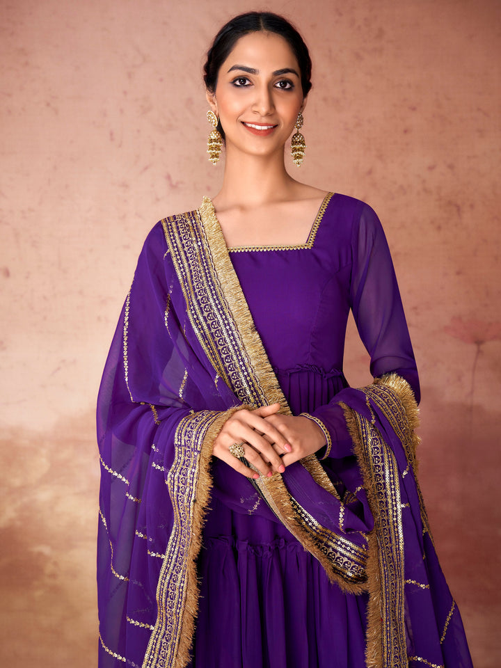Beautiful Violet Georgette Event Wear Gown With Dupatta