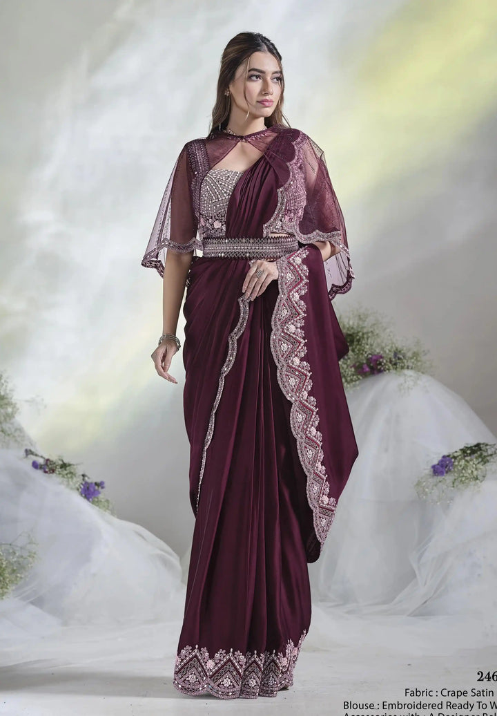 AURA Collection Wine Satin Silk Saree with Mirror & Moti Details