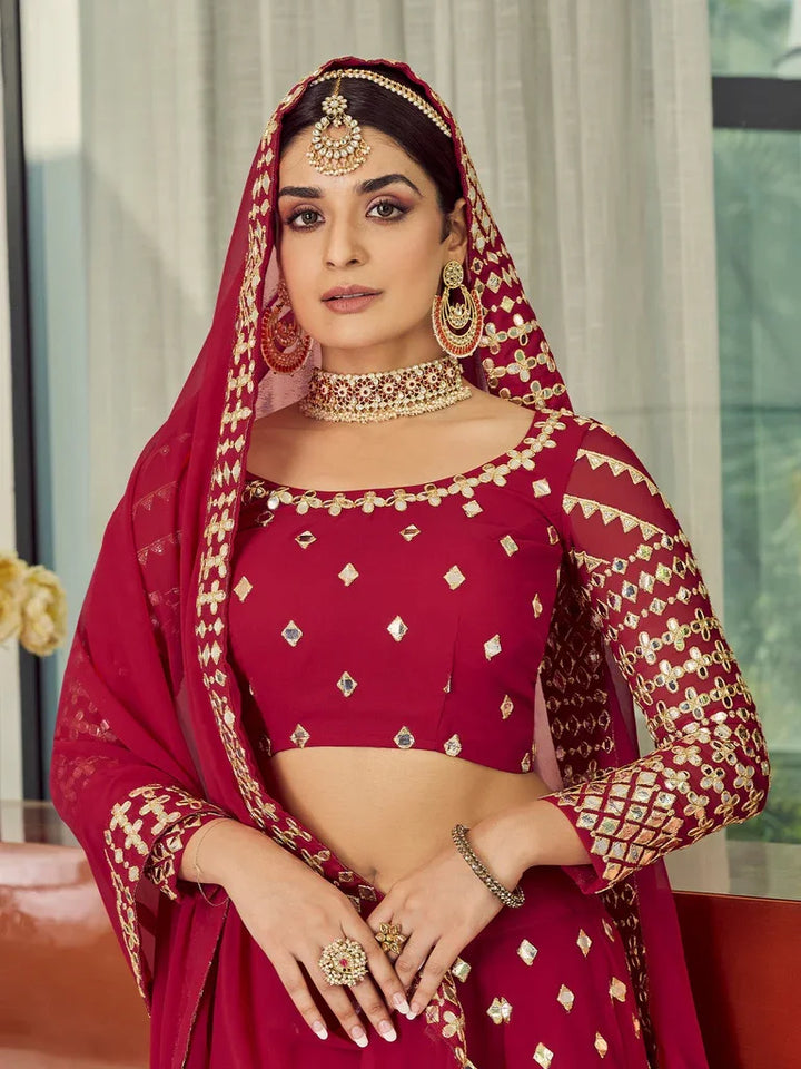 Red Designer Lehenga | Georgette with Jari Embroidery & Foil Mirror Work