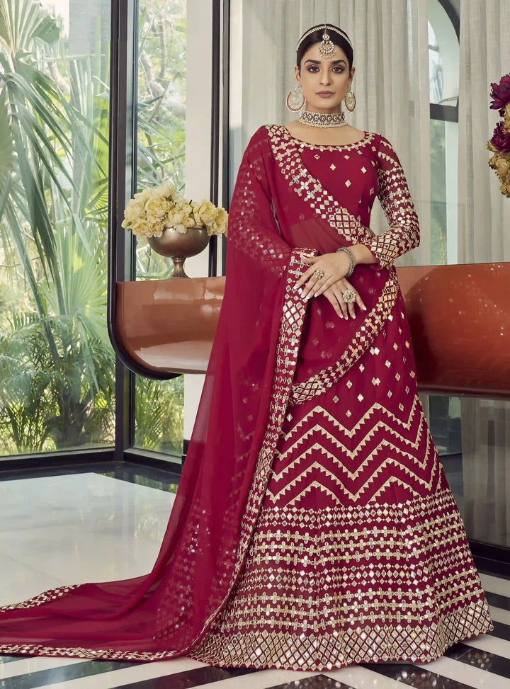 Red Designer Lehenga | Georgette with Jari Embroidery & Foil Mirror Work