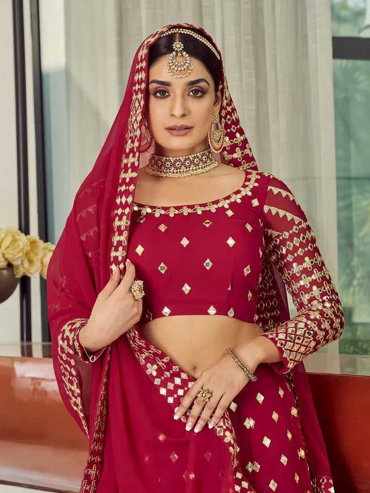 Red Designer Lehenga | Georgette with Jari Embroidery & Foil Mirror Work