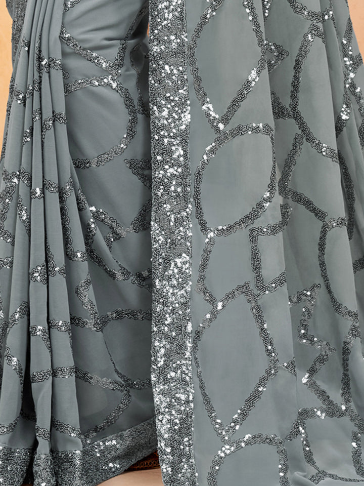 Incredible Grey Sequins Georgette Party Wear Saree With Blouse