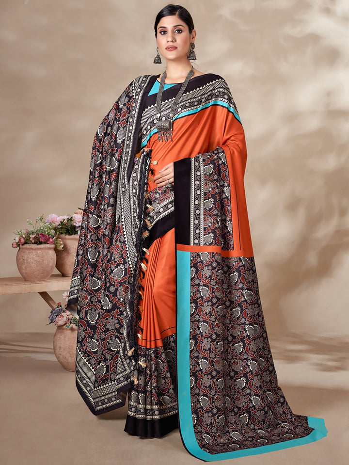 Adorable Orange Digital Printed Pashmina Event Wear Saree With Shawl